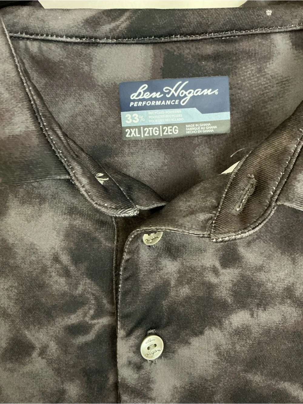 Ben Hogan Performance Mens 2XL Golf Polo Shirt Black Grey Tie Dye Cloud Stretch